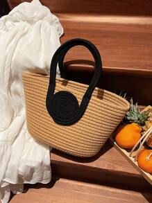 Two Tone Straw Bag Vacation No-closure - Khaki - View 6