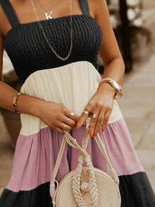 撞色肩上打結荷葉邊吊帶連衣裙 - 黑色 - 查看 4