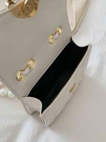 時尚刺繡包帶珍珠鏈條帶,迷你翻蓋方形單肩包斜挎包適合女士