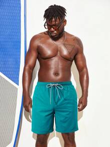 Manfinity Swimmode Men Drawstring Waist Slant Pocket Swim Trunks - Dark Green - View 5