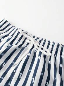 Manfinity Hombres Shorts de natación de rayas caballo de mar con estampado de cintura con cordón - Azul y blanco - Ver 3