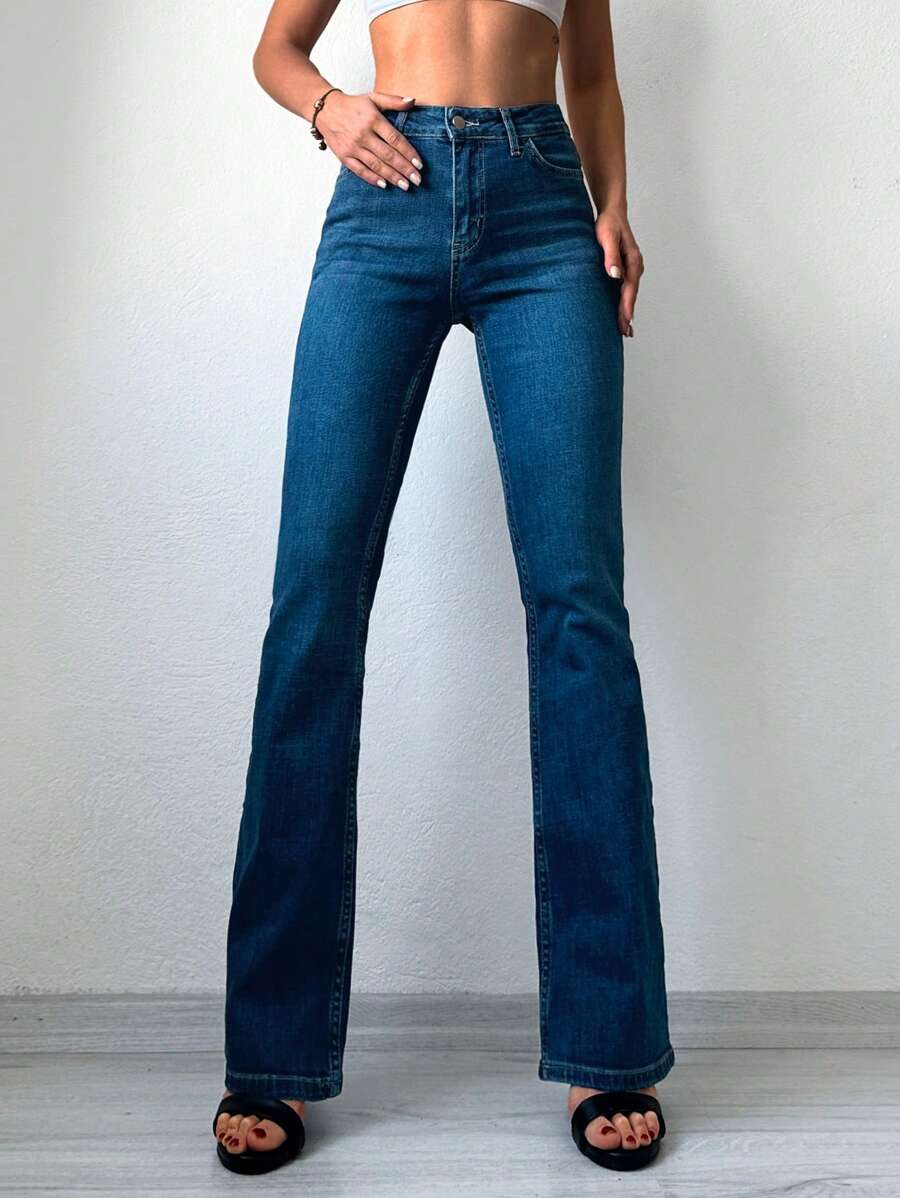Cottnline High Waist Flare Leg Jeans - Dark Wash - View 1