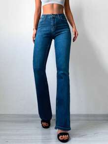 Cottnline High Waist Flare Leg Jeans - Dark Wash - View 5