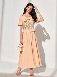 Mulvari 花卉刺繡泡泡袖連衣裙 - 杏色 - 查看 1