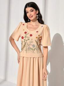 Mulvari 花卉刺繡泡泡袖連衣裙 - 杏色 - 查看 3