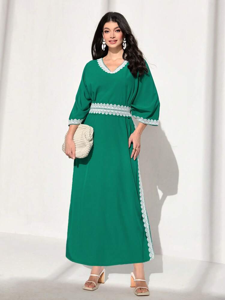Contrast Lace Batwing Sleeve Kaftan