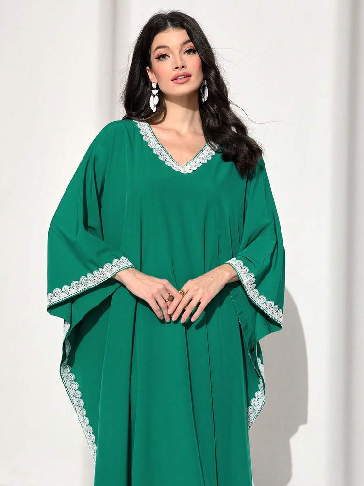 Contrast Lace Batwing Sleeve Kaftan
