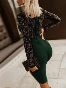 Đầm Tương phản Mesh Pha lê kim cương cắt Khối Màu Thanh lịch - màu xanh lá - Xem 2