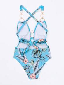 Badeanzug mit Tropenmuster, Ring Bindung, Kreuzgurt Rücken, - Verschiedenfarbig - Übersicht 2
