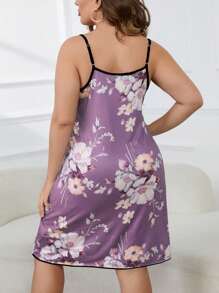 Plus Floral Print Contrast Binding Cami Nightdress - Purple - View 2