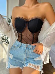 Chiquease 網紗拼接褶邊緊身上衣抹胸連體衣 - 黑色 - 查看 4