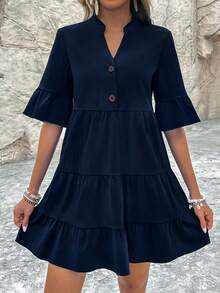 SHEIN LUNE Vestido smock de cuello notch de manga con volante bajo con fruncido - Azul Marino - Ver 4