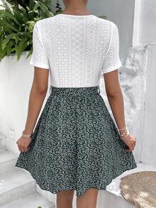 SHEIN Frenchy Ditsy Floral Print Belted Dress - Green - View 2