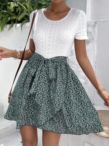 SHEIN Frenchy Ditsy Floral Print Belted Dress - Green - View 6