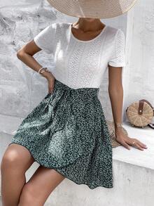 SHEIN Frenchy Ditsy Floral Print Belted Dress - Green - View 7