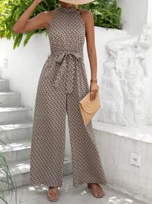 SHEIN Frenchy Allover Print Belted Halter Jumpsuit Summer Brown Casual - Brown - View 3
