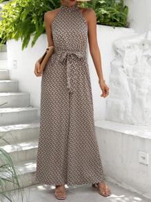 SHEIN Frenchy Allover Print Belted Halter Jumpsuit Summer Brown Casual - Brown - View 4