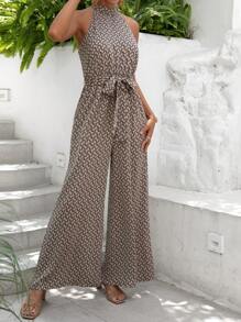 SHEIN Frenchy Allover Print Belted Halter Jumpsuit Summer Brown Casual - Brown - View 5