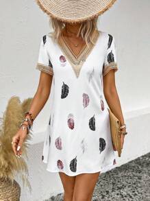 SHEIN LUNE 圖案印花拼接水溶蕾絲直筒洋裝 - 白色 - 查看 1