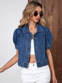 SHEIN Essnce 泡泡袖前紐扣牛仔夾克 - 深色水洗藍 - 查看 5