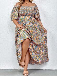 SHEIN Holidaya Plus Ditsy Floral Print Square Neck Ruffle Hem Dress - Multicolor - View 3