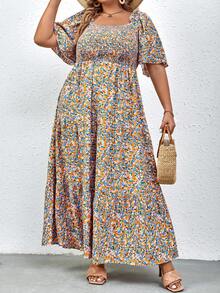 SHEIN Holidaya Plus Ditsy Floral Print Square Neck Ruffle Hem Dress - Multicolor - View 4