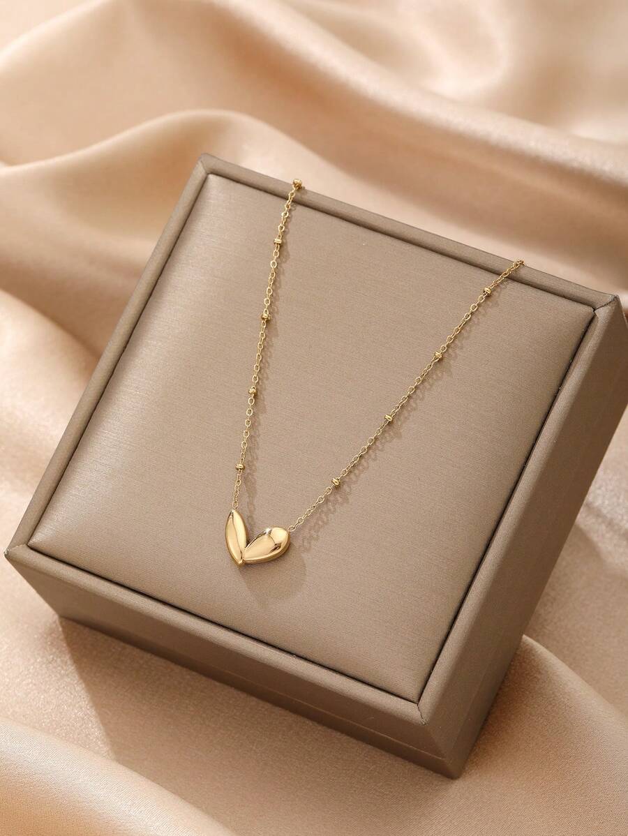 1 件时尚不锈钢心形设计吊坠项链，适合女士约会礼物情人节、妈妈、母亲、母亲节、礼物 - 金黃色 - 查看 1