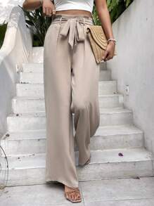 Paperbag Waist Belted Apricot Straight Bow Tie Wide Leg Pants Winter Chic Brown Casual Spring - Khaki - View 9