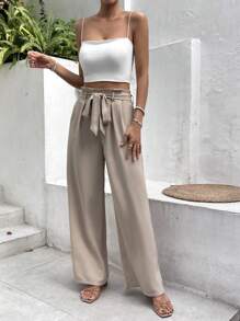 Paperbag Waist Belted Apricot Straight Bow Tie Wide Leg Pants Winter Chic Brown Casual Spring - Khaki - View 11