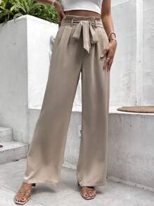 Paperbag Waist Belted Apricot Straight Bow Tie Wide Leg Pants Winter Chic Brown Casual Spring - Khaki - View 12