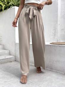Paperbag Waist Belted Apricot Straight Bow Tie Wide Leg Pants Winter Chic Brown Casual Spring - Khaki - View 14