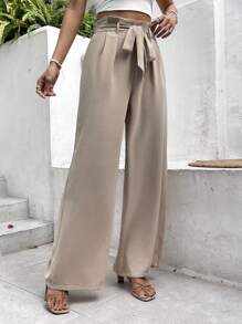 Paperbag Waist Belted Apricot Straight Bow Tie Wide Leg Pants Winter Chic Brown Casual Spring - Khaki - View 15