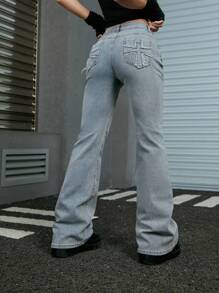 ROMWE Grunge Punk High Waist Flare Leg Jeans, School - Light Wash - View 1