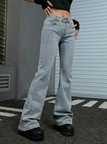 ROMWE Grunge Punk High Waist Flare Leg Jeans, School - Light Wash - View 3