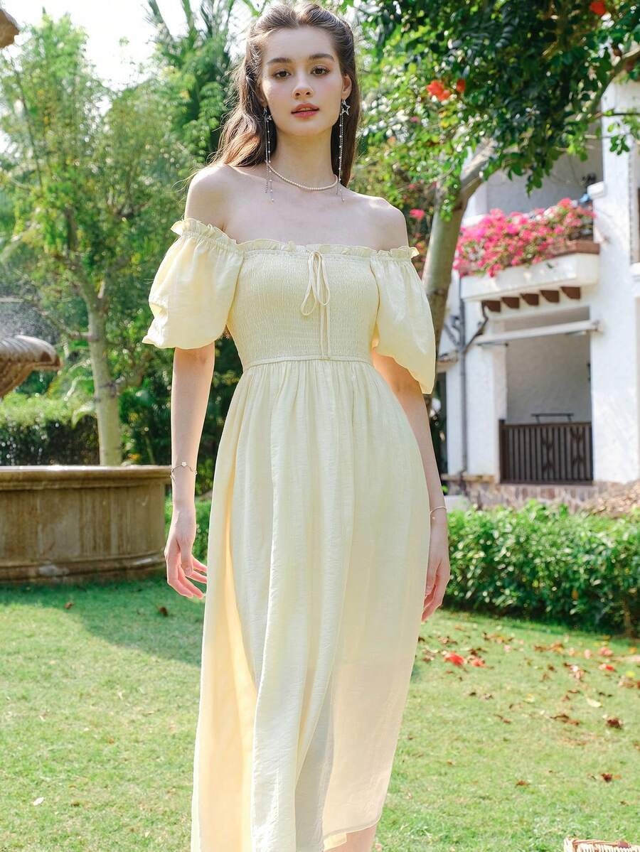 Off Shoulder Knot Front Puff Sleeve Dress - Yellow - View 1