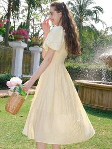 Off Shoulder Knot Front Puff Sleeve Dress - Yellow - View 2