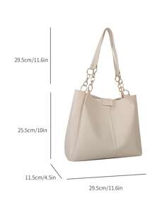 Chain Decor Square Bag Double Handle PU - Beige - View 3