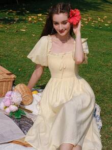 Off Shoulder Knot Front Puff Sleeve Dress - Yellow - View 5