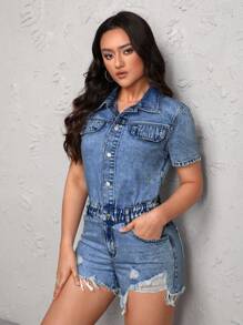 SHEIN Quần yếm & áo liền quần denim dành cho nữ Túi Bị tách Nút phía trước màu trơn Giải trí - Rửa trung bình - Xem 1