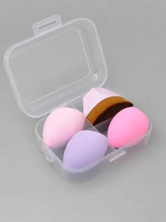 1支粉底刷配3个化妆海绵，适用于混合型液体、膏状或粉状化妆品，PVC盒包装，适合居家或旅行（浅粉色）。