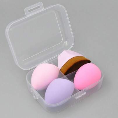 1支粉底刷配3个化妆海绵，适用于混合型液体、膏状或粉状化妆品，PVC盒包装，适合居家或旅行（浅粉色）。
