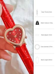 1 Nữ Đỏ PU Dây Đeo Polyurethane Trái Tim Thời Trang Mặt Đồng Hồ Thạch Anh & 1 Vòng Tay, để Trang Trí Hàng Ngày - Đỏ - Xem 4