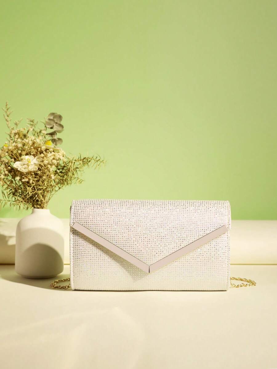 Flap Envelope Bag Chain Glitter Glamorous For Party, Perfect Bride Purse For Wedding, Prom & Party Events - Beige - View 1