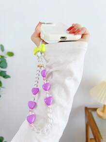1 cái nơ & trang trí trái tim dây buộc điện thoại đính cườm - Màu tím - Xem 1