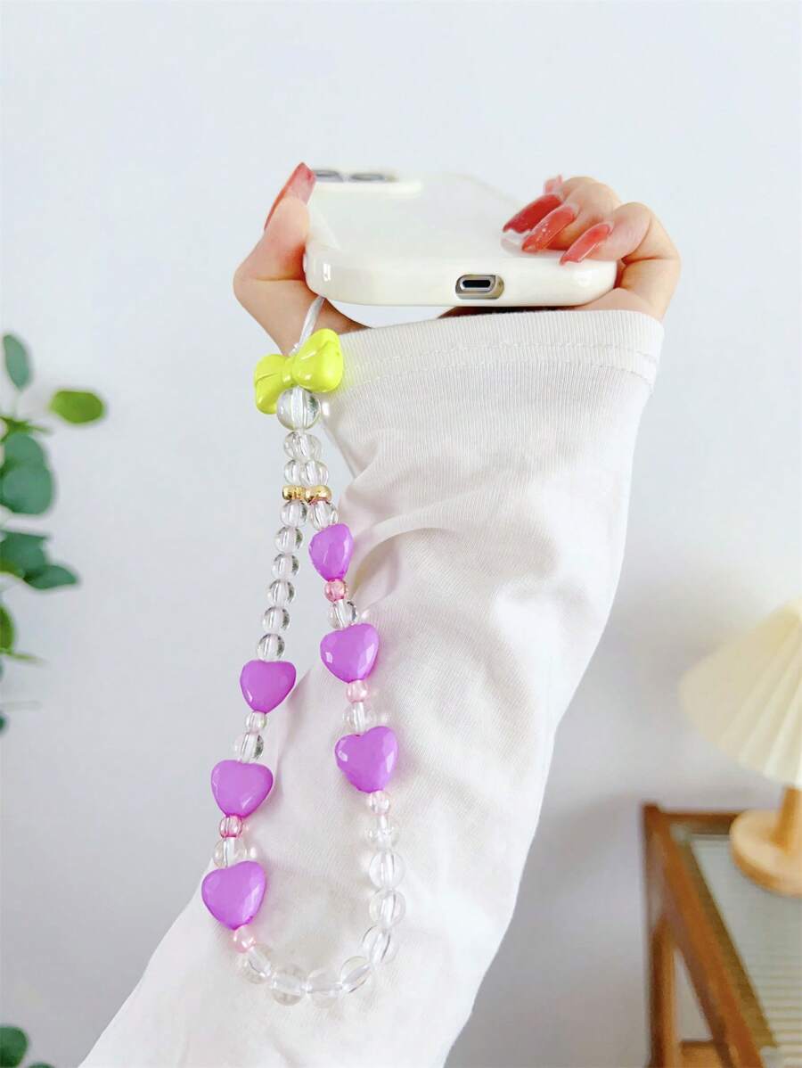 1 cái nơ & trang trí trái tim dây buộc điện thoại đính cườm - Màu tím - Xem 1