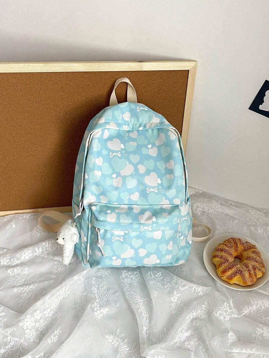 Girls Preppy Heart Pattern Zipper Ba lô chức năng có dây đeo có thể điều chỉnh với sự quyến rũ - Màu xanh lam - Xem 1