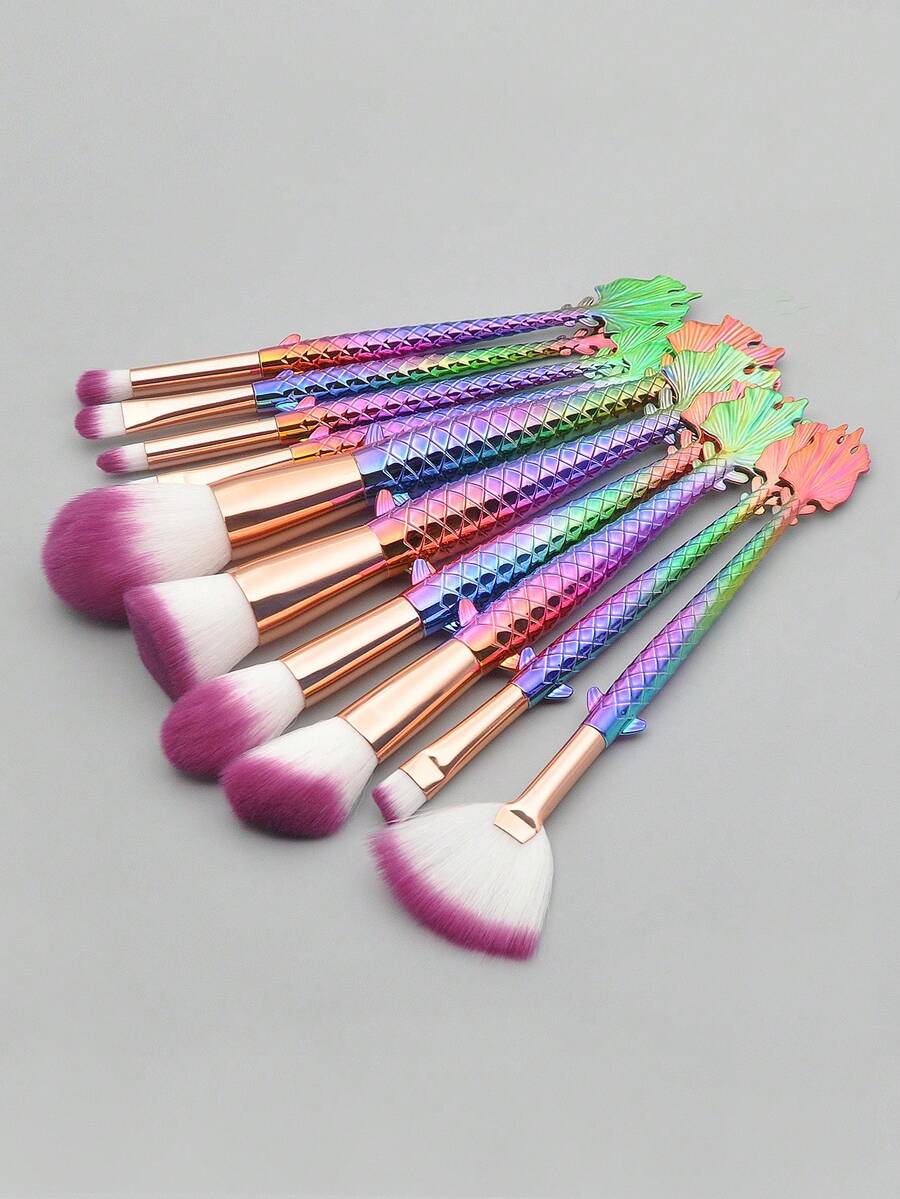 Set de 10 piezas de brochas de maquillaje con forma de cola de pez, set de brochas, kit de brochas de maquillaje, set de brochas de maquillaje, set de maquillaje completo, set de brochas de maquillaje, kit de maquillaje completo, set de brochas, set de brochas de maquillaje, set de regalo de maquillaje - Multicolor - Ver 1