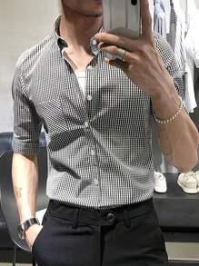 Manfinity Homme Men Gingham Print Button Up Shirt - Black and White - View 1