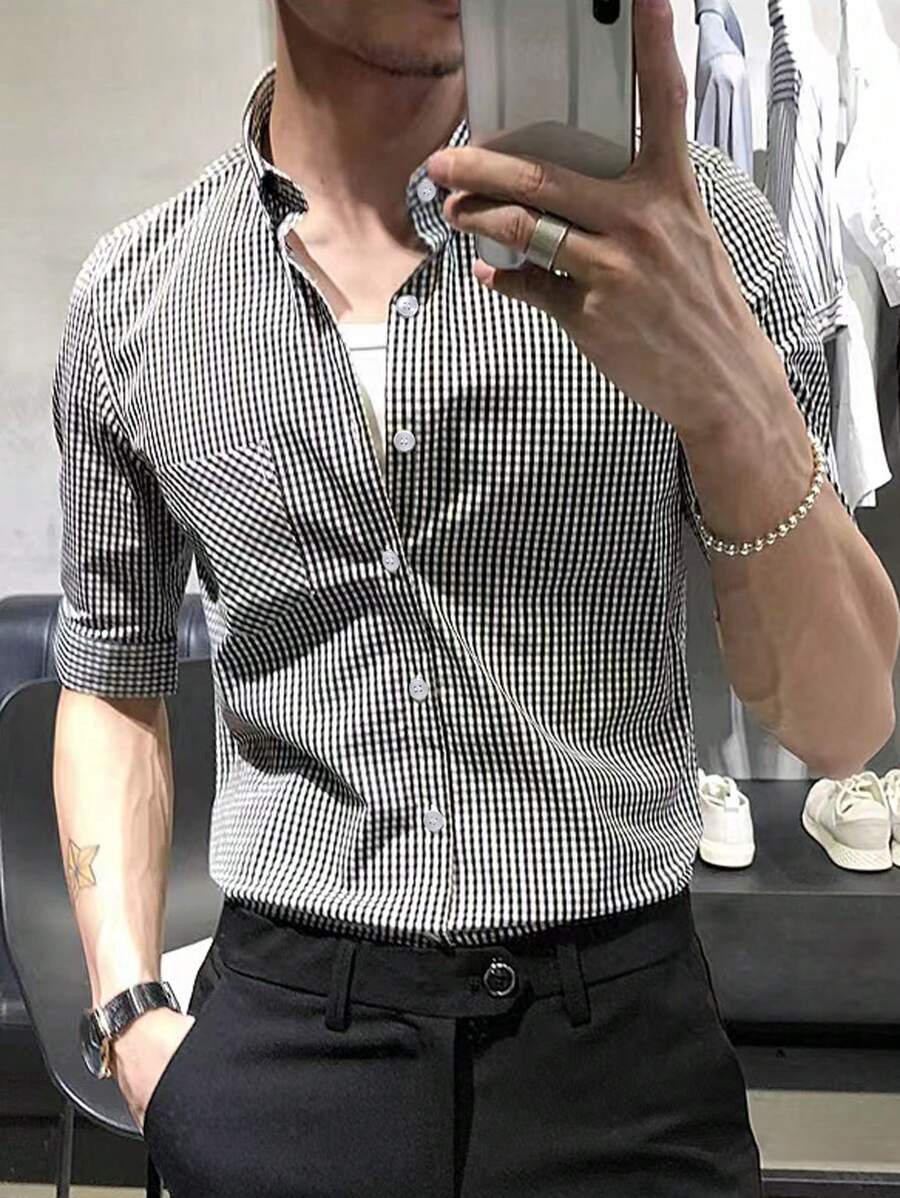 Manfinity Homme Men Gingham Print Button Up Shirt - Black and White - View 1