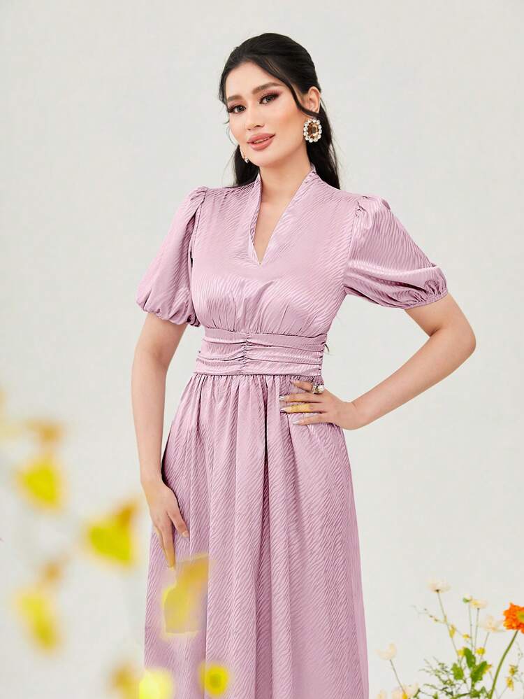 Puff Sleeve Ruched Waist Dress Long Evening Dresses